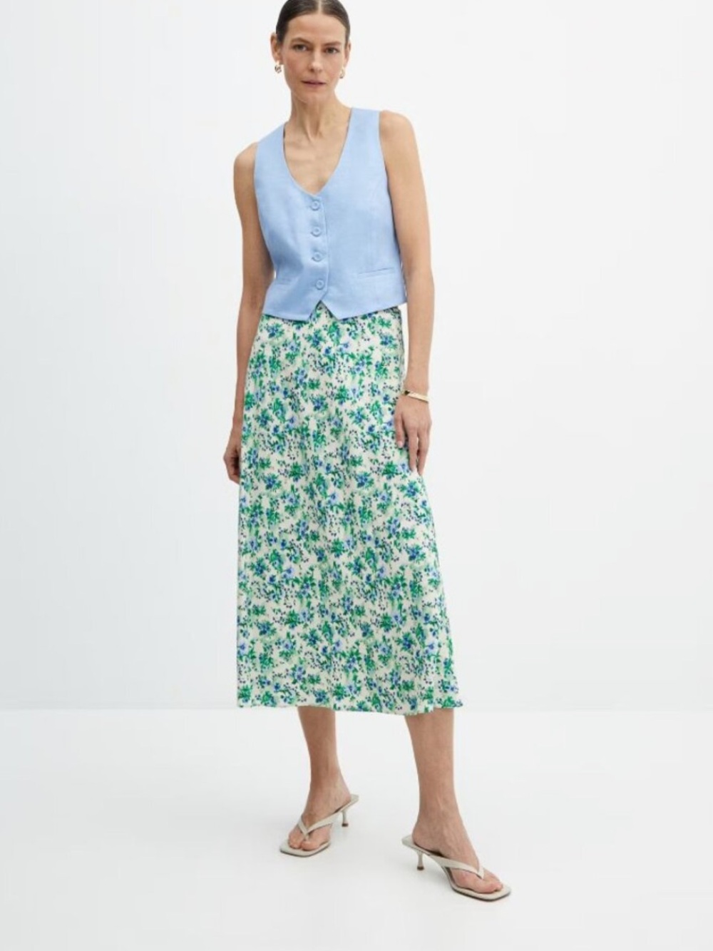 Mango Floral Midi Skirt in White, Green and Blue S/M